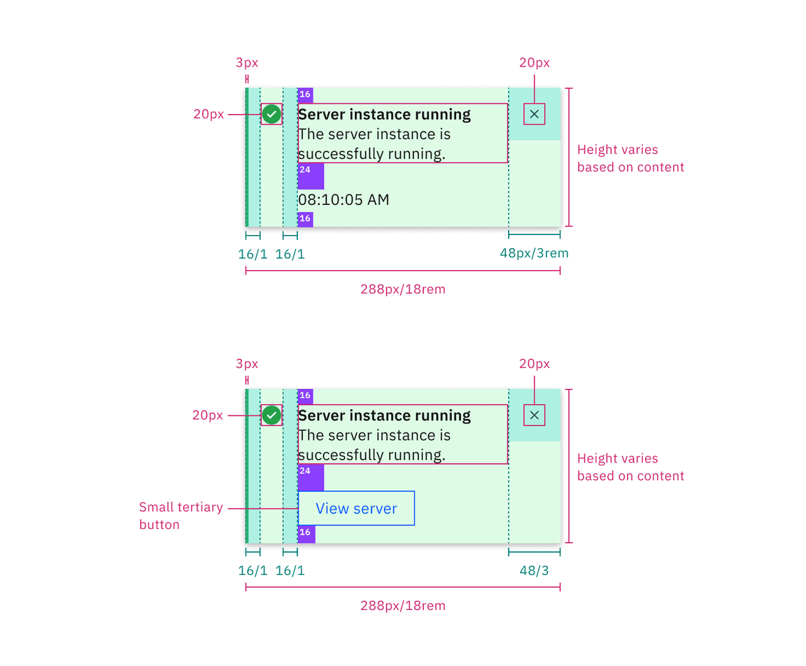 Structure and spacing for a toast notification